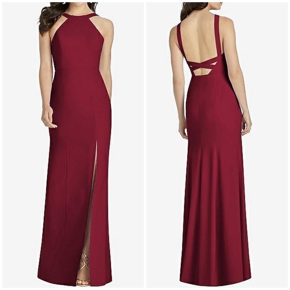 Nwt Dessy Collection High Halter Neck Open Back Crepe Gown Dress Burgundy Sz 18